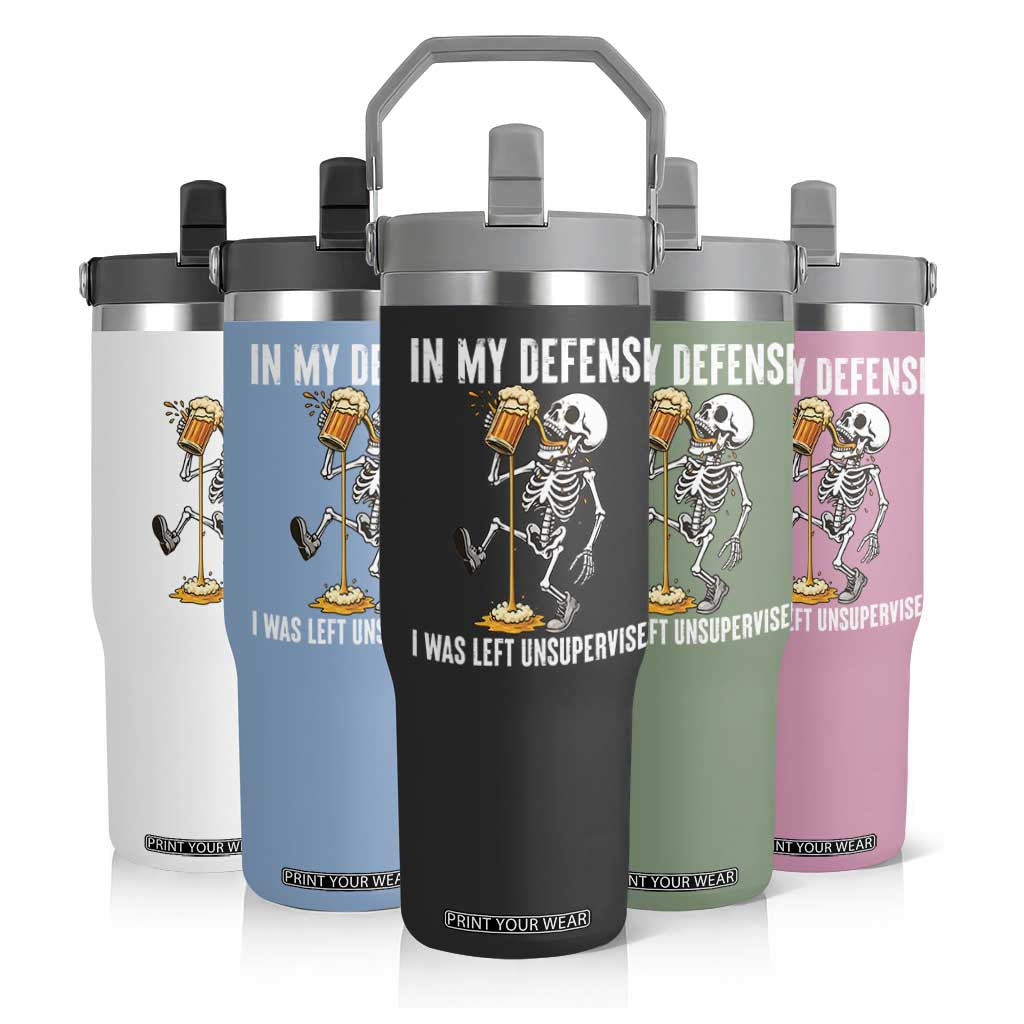 Funny Skeleton Beer Flip Straw Tumbler In My Defence I Was Left Unsupervised TS12 Print Your Wear