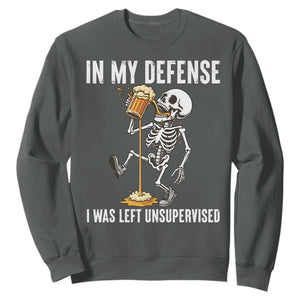 Funny Skeleton Beer Sweatshirt In My Defence I Was Left Unsupervised TS12 Dark Heather Print Your Wear
