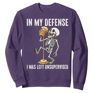 Funny Skeleton Beer Sweatshirt In My Defence I Was Left Unsupervised TS12 Purple Print Your Wear