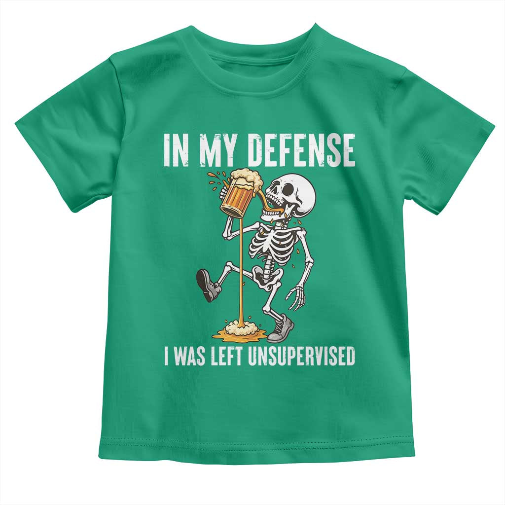 Funny Skeleton Beer Toddler T Shirt In My Defence I Was Left Unsupervised TS12 Irish Green Print Your Wear