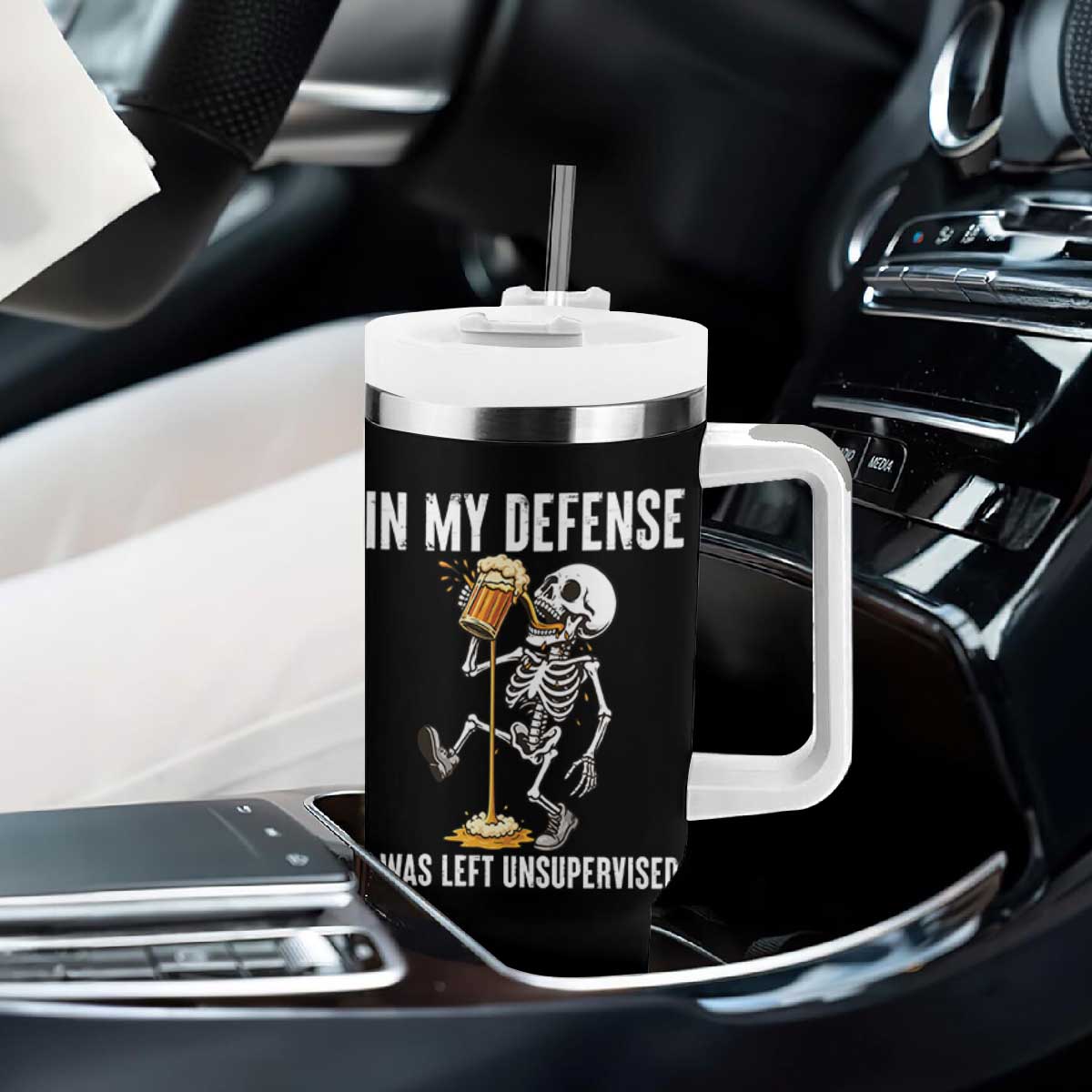 Funny Skeleton Beer Tumbler With Handle In My Defence I Was Left Unsupervised TS12 Print Your Wear