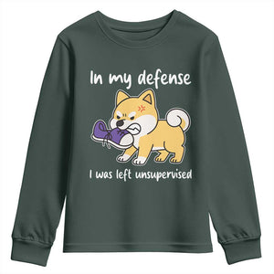 Sarcastic Dog Lover Youth Sweatshirt In My Defense I Was Left Unsupervised TS12 Dark Forest Green Print Your Wear