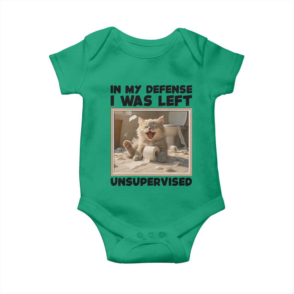 Funny Cat Humor Baby Onesie In My Defense I Was Left Unsupervised TS12 Irish Green Print Your Wear