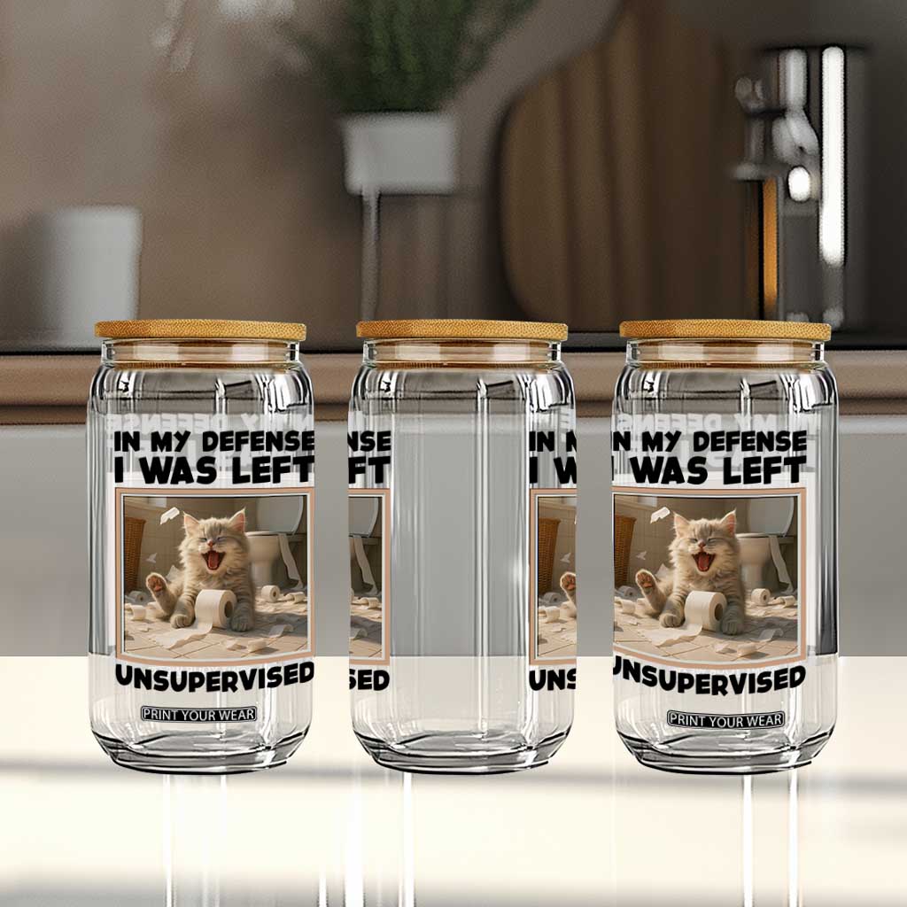 Funny Cat Humor Glass Can In My Defense I Was Left Unsupervised TS12 Print Your Wear