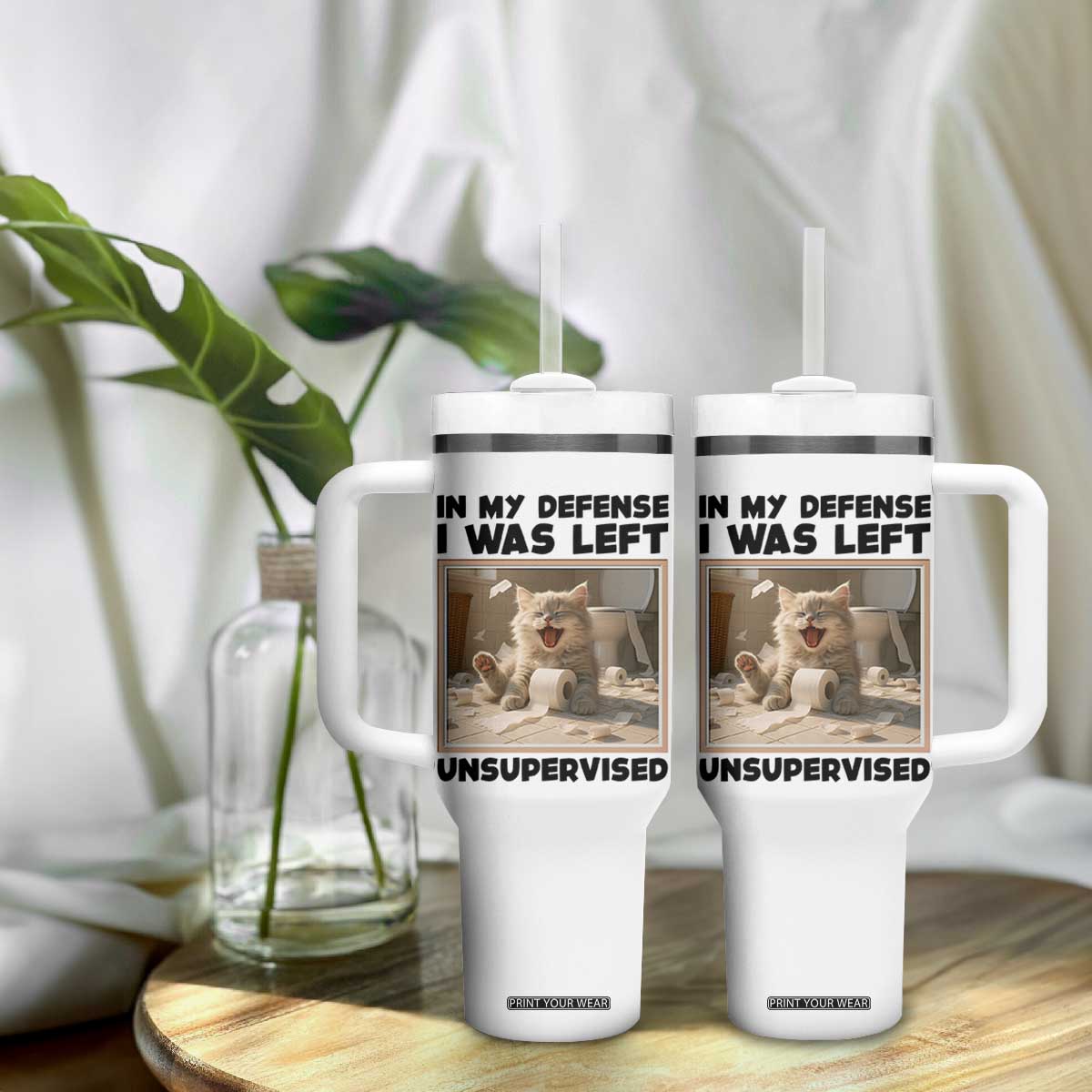 Funny Cat Humor Tumbler With Handle In My Defense I Was Left Unsupervised TS12 Print Your Wear
