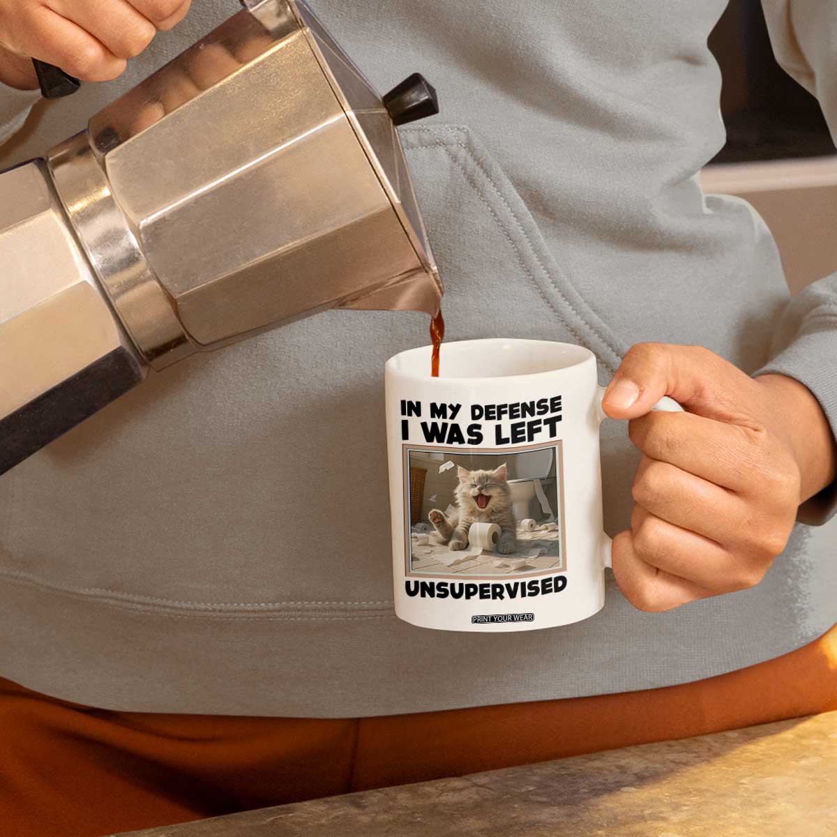 Funny Cat Humor Coffee Mug In My Defense I Was Left Unsupervised TS12 Print Your Wear