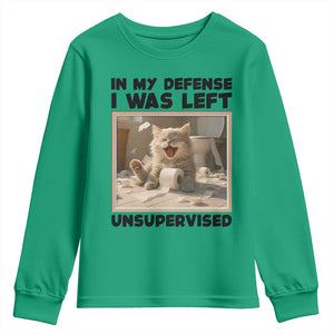 Funny Cat Humor Youth Sweatshirt In My Defense I Was Left Unsupervised TS12 Irish Green Print Your Wear