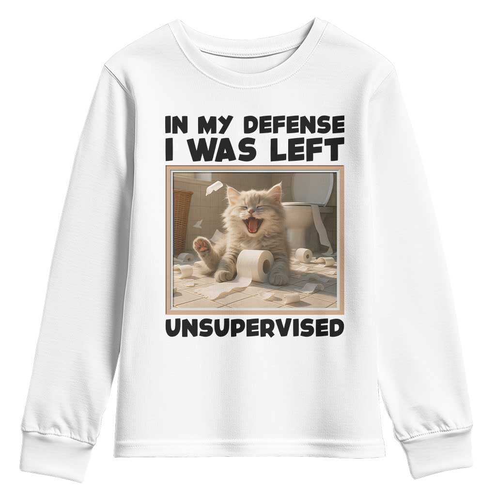 Funny Cat Humor Youth Sweatshirt In My Defense I Was Left Unsupervised TS12 White Print Your Wear