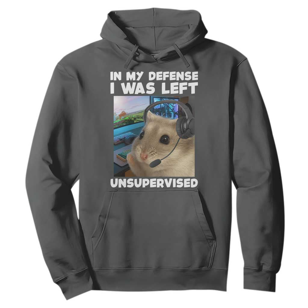 Funny Hamster Gamer Hoodie In My Defense I Was Left Unsupervised TS12 Dark Heather Print Your Wear