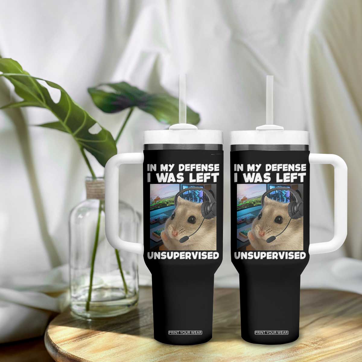 Funny Hamster Gamer Tumbler With Handle In My Defense I Was Left Unsupervised TS12 Print Your Wear