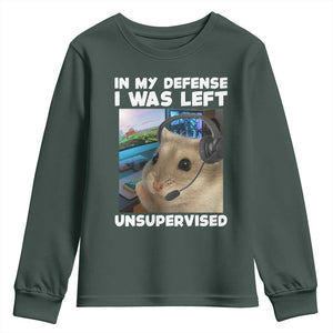 Funny Hamster Gamer Youth Sweatshirt In My Defense I Was Left Unsupervised TS12 Dark Forest Green Print Your Wear