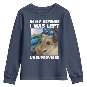 Funny Hamster Gamer Youth Sweatshirt In My Defense I Was Left Unsupervised TS12 Navy Print Your Wear