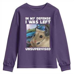 Funny Hamster Gamer Youth Sweatshirt In My Defense I Was Left Unsupervised TS12 Purple Print Your Wear