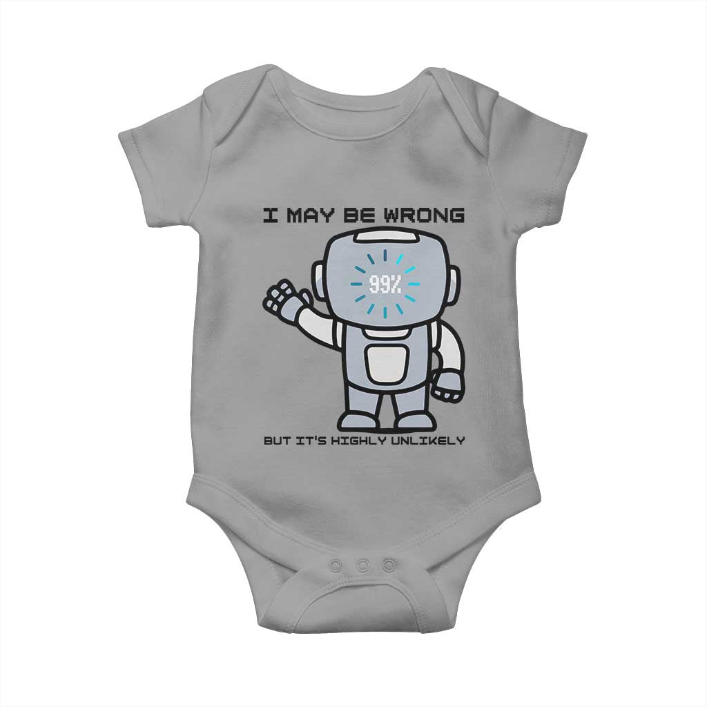 Funny Robot Humor Baby Onesie I May Be Wrong But It Is Highly Unlikely TS12 Sport Gray Print Your Wear