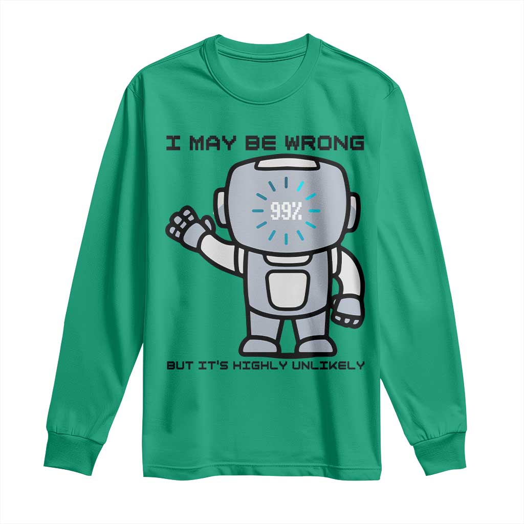 Funny Robot Humor Long Sleeve Shirt I May Be Wrong But It Is Highly Unlikely TS12 Irish Green Print Your Wear