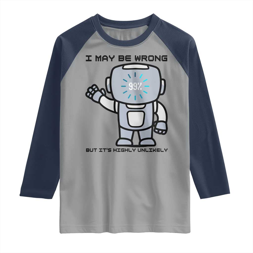 Funny Robot Humor Raglan Shirt I May Be Wrong But It Is Highly Unlikely TS12 Sport Gray Navy Print Your Wear