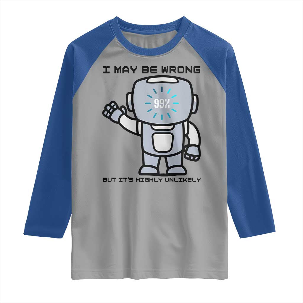 Funny Robot Humor Raglan Shirt I May Be Wrong But It Is Highly Unlikely TS12 Sport Gray Royal Print Your Wear