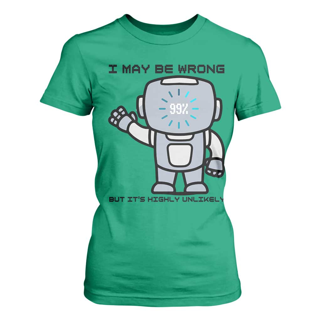 Funny Robot Humor T Shirt For Women I May Be Wrong But It Is Highly Unlikely TS12 Irish Green Print Your Wear