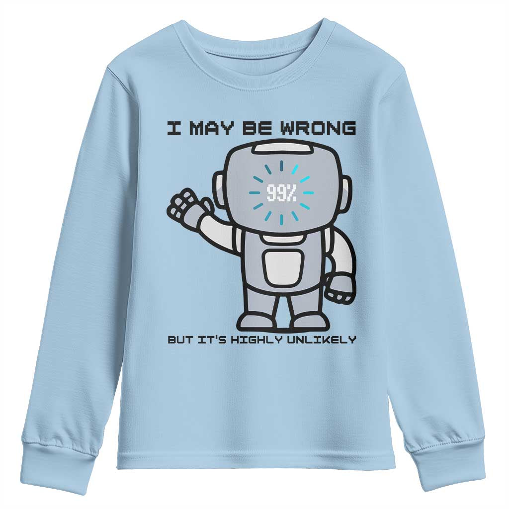 Funny Robot Humor Youth Sweatshirt I May Be Wrong But It Is Highly Unlikely TS12 Light Blue Print Your Wear