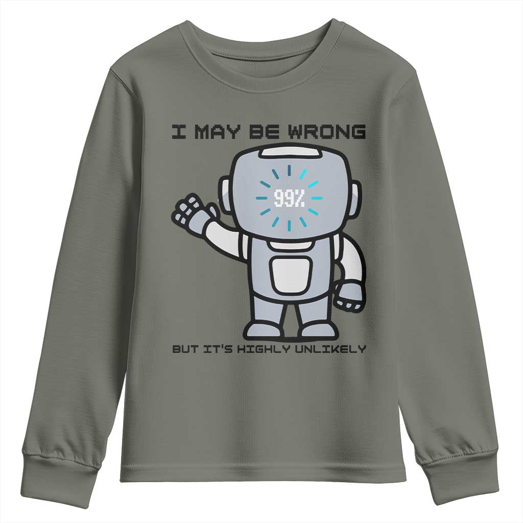 Funny Robot Humor Youth Sweatshirt I May Be Wrong But It Is Highly Unlikely TS12 Military Green Print Your Wear