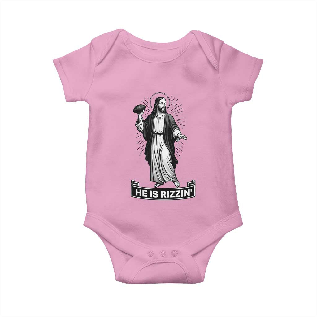 Christian Football Lover Baby Onesie He Is Rizzin Funny Gift TS12 Light Pink Print Your Wear
