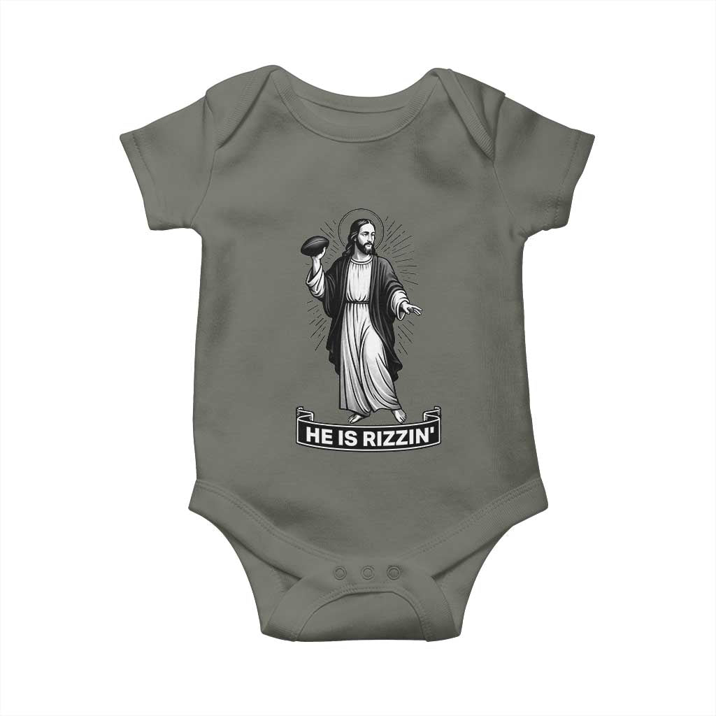 Christian Football Lover Baby Onesie He Is Rizzin Funny Gift TS12 Military Green Print Your Wear