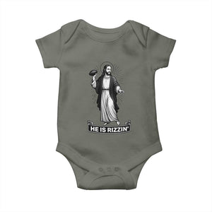 Christian Football Lover Baby Onesie He Is Rizzin Funny Gift TS12 Military Green Print Your Wear