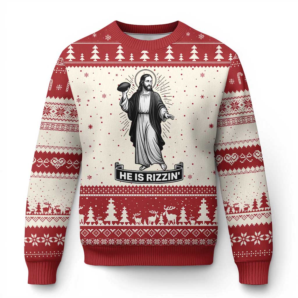 Christian Football Lover Ugly Christmas Sweater He Is Rizzin Funny Gift - Print Your Wear