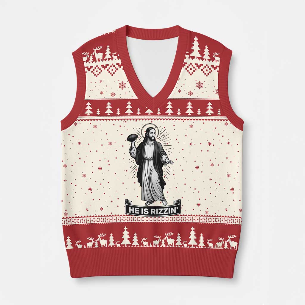 Christian Football Lover V-Neck Knit Sweater Vest He Is Rizzin Funny Gift TS12 Beige Red Print Your Wear