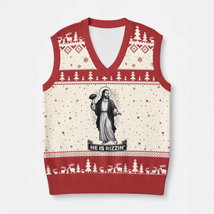 Christian Football Lover V-Neck Knit Sweater Vest He Is Rizzin Funny Gift TS12 Beige Red Print Your Wear