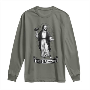 Christian Football Lover Long Sleeve Shirt He Is Rizzin Funny Gift TS12 Military Green Print Your Wear