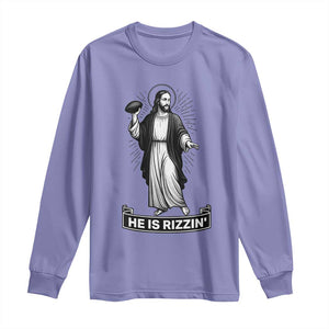 Christian Football Lover Long Sleeve Shirt He Is Rizzin Funny Gift TS12 Violet Print Your Wear