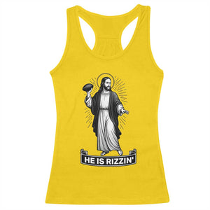 Christian Football Lover Racerback Tank Top He Is Rizzin Funny Gift - Print Your Wear