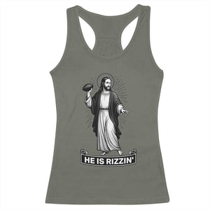 Christian Football Lover Racerback Tank Top He Is Rizzin Funny Gift - Print Your Wear
