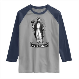 Christian Football Lover Raglan Shirt He Is Rizzin Funny Gift TS12 Sport Gray Navy Print Your Wear