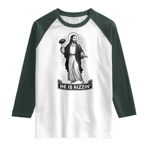 Christian Football Lover Raglan Shirt He Is Rizzin Funny Gift TS12 White Dark Forest Green Print Your Wear