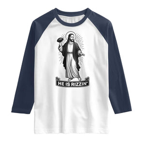Christian Football Lover Raglan Shirt He Is Rizzin Funny Gift TS12 White Navy Print Your Wear