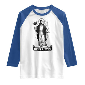 Christian Football Lover Raglan Shirt He Is Rizzin Funny Gift TS12 White Royal Print Your Wear