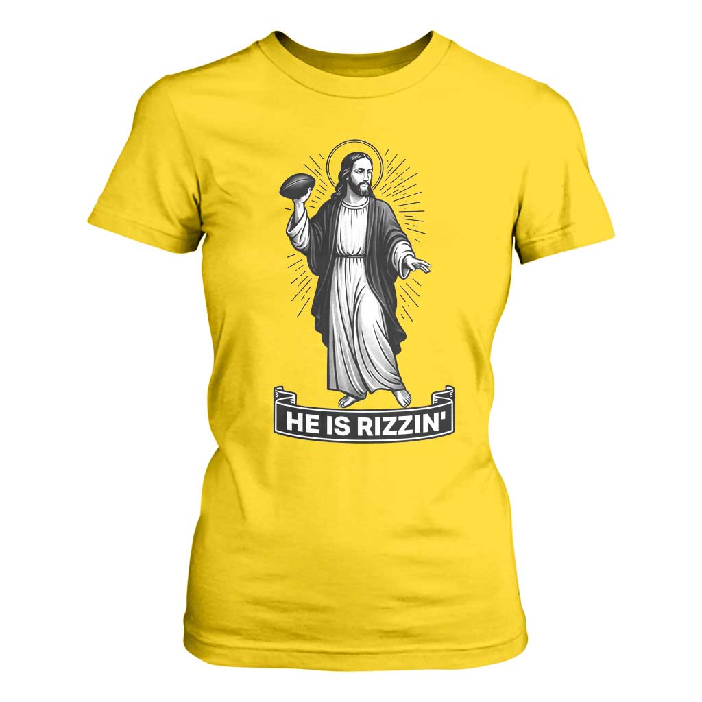 Christian Football Lover T Shirt For Women He Is Rizzin Funny Gift TS12 Daisy Print Your Wear