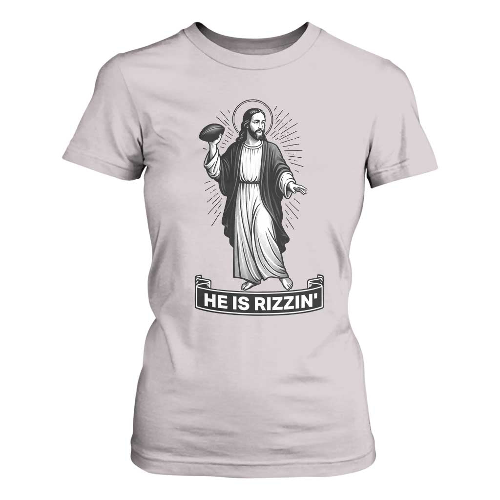 Christian Football Lover T Shirt For Women He Is Rizzin Funny Gift TS12 Ice Gray Print Your Wear