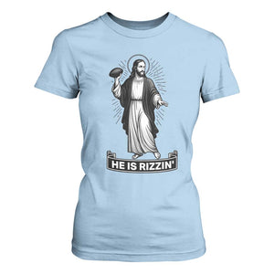 Christian Football Lover T Shirt For Women He Is Rizzin Funny Gift TS12 Light Blue Print Your Wear