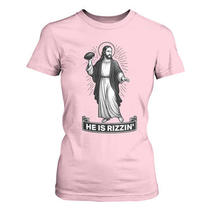 Christian Football Lover T Shirt For Women He Is Rizzin Funny Gift TS12 Light Pink Print Your Wear