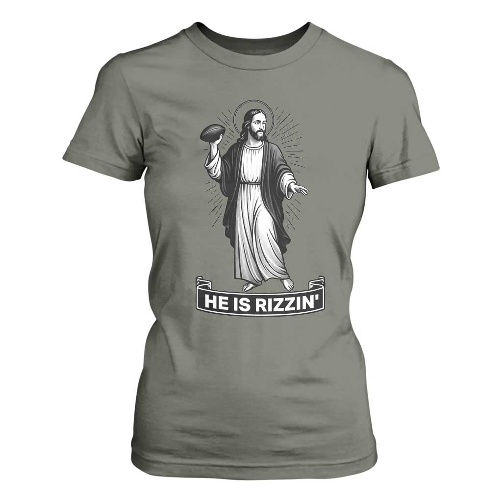Christian Football Lover T Shirt For Women He Is Rizzin Funny Gift TS12 Military Green Print Your Wear