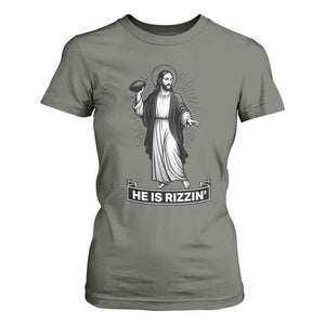 Christian Football Lover T Shirt For Women He Is Rizzin Funny Gift TS12 Military Green Print Your Wear