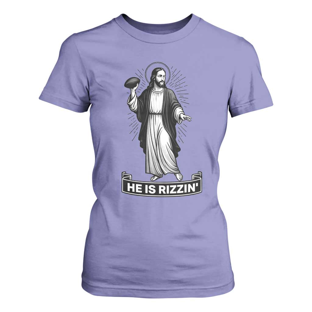 Christian Football Lover T Shirt For Women He Is Rizzin Funny Gift TS12 Violet Print Your Wear