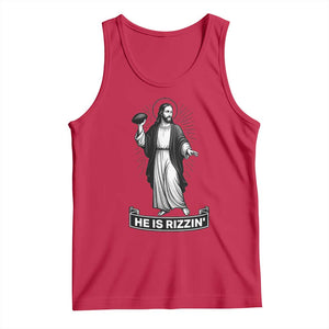 Christian Football Lover Tank Top He Is Rizzin Funny Gift TS12 Red Print Your Wear