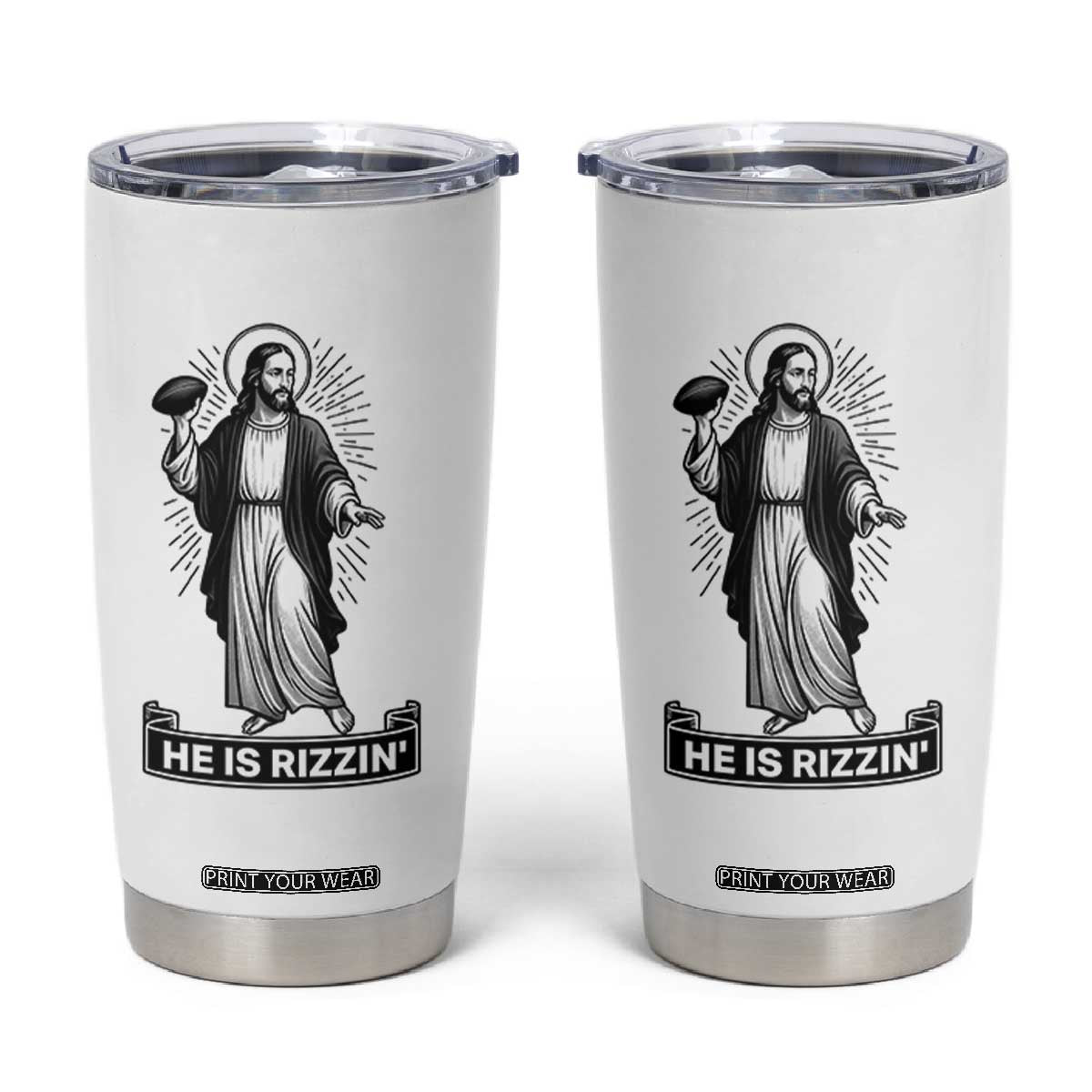Christian Football Lover Tumbler Cup He Is Rizzin Funny Gift - Print Your Wear