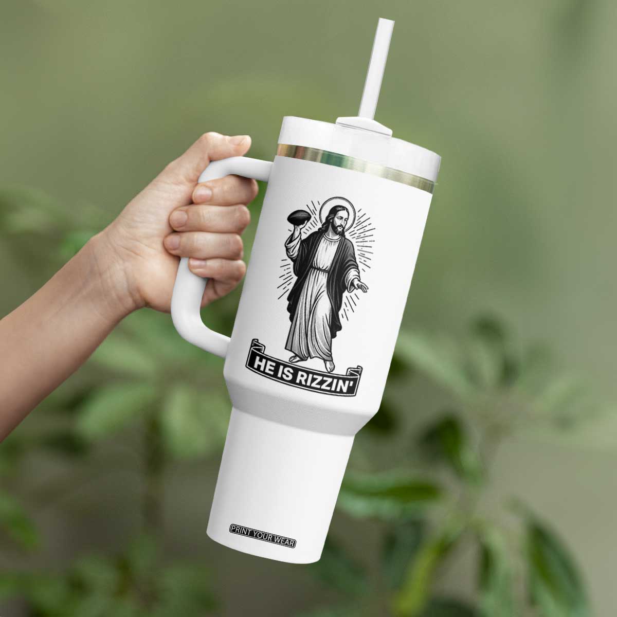 Christian Football Lover Tumbler With Handle He Is Rizzin Funny Gift TS12 Print Your Wear