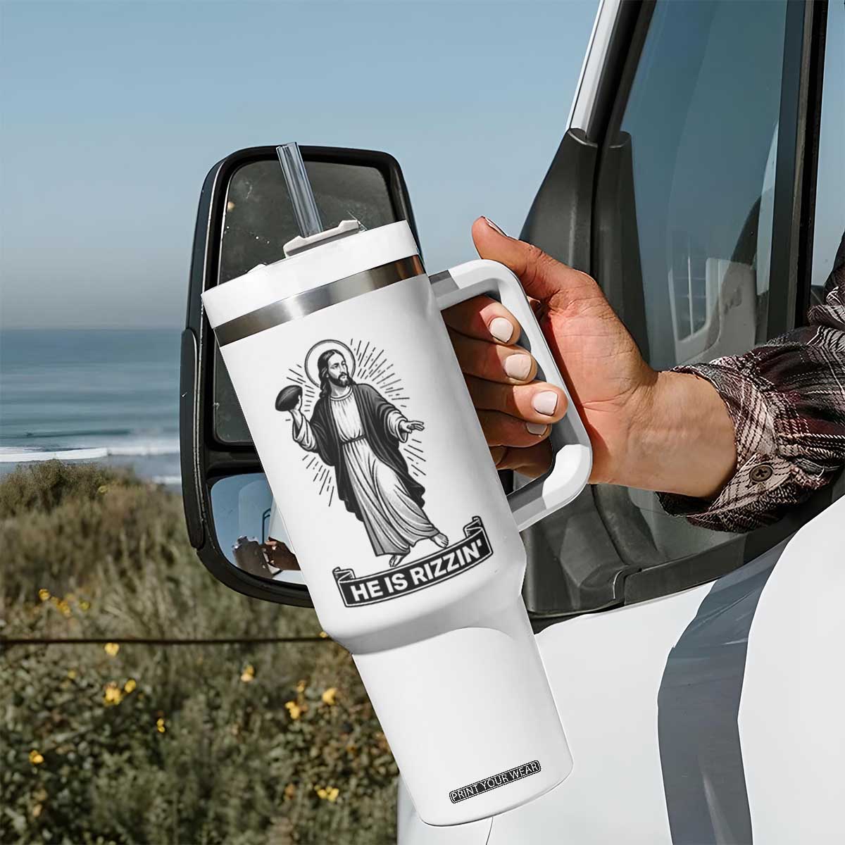 Christian Football Lover Tumbler With Handle He Is Rizzin Funny Gift TS12 Print Your Wear