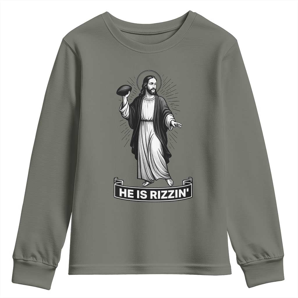 Christian Football Lover Youth Sweatshirt He Is Rizzin Funny Gift TS12 Military Green Print Your Wear